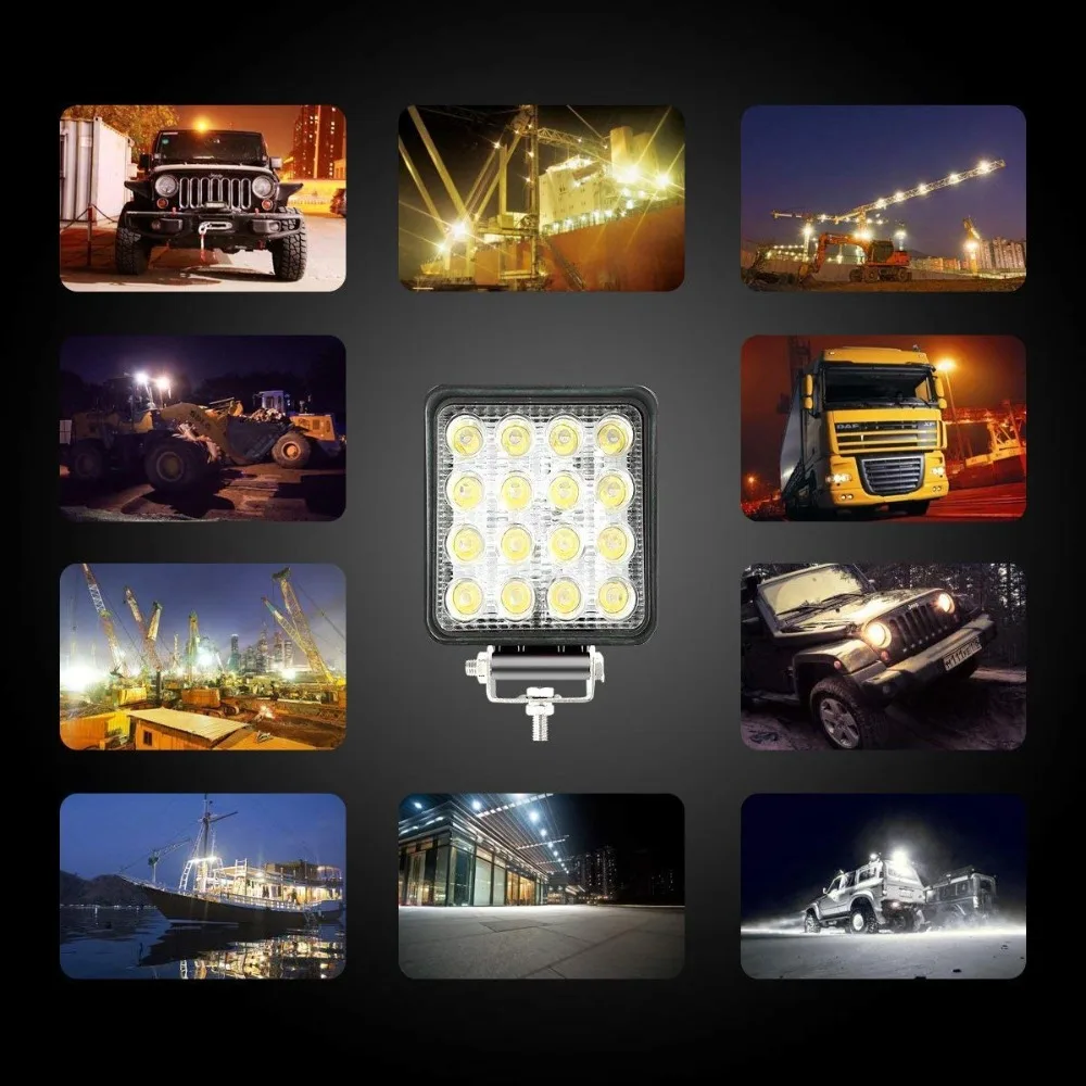 2 шт. 4X4 48 Вт 6400Lm светодиодный рабочий светильник, бездорожье, дорожная лампочка, лампа, светильник, противотуманный светильник, наружный для каюты, лодки, внедорожника, грузовика, лампа заливающего света