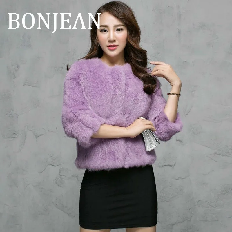 BONJEAN Куртка из меха кролика для женщин Зимняя верхняя одежда Куртки с открытыми стежками Три четверти рукава Пальто с широкой талией BJ1535