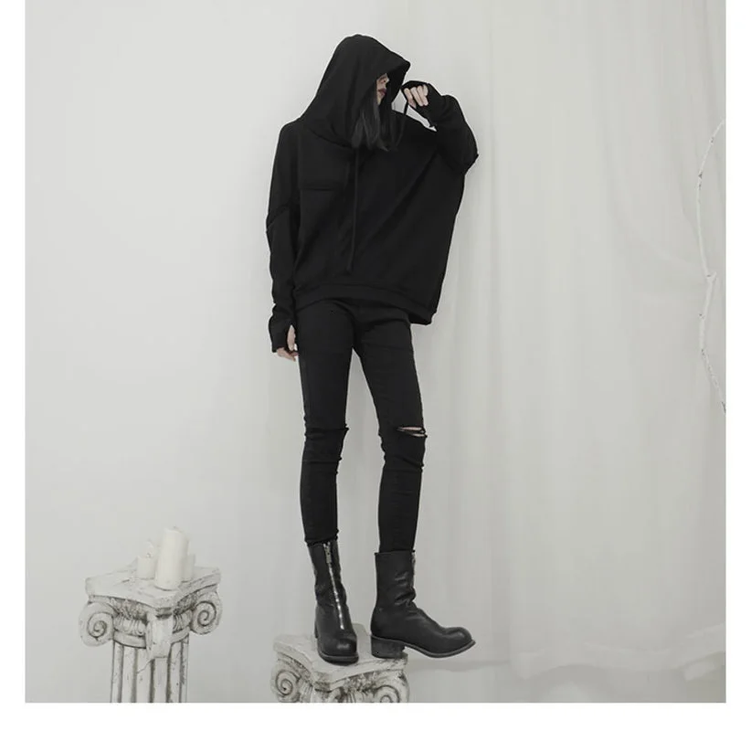 Свободный крой, черный, симметричный, больше размера d, толстовка, новинка, с капюшоном, длинный рукав, для женщин, большой размер, модный, Осень-зима, A057