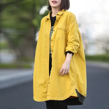 

Spring Cotton Yellow Women Casual Loose Long Trench Coat Female Thin Overalls Plus Size Plus Size Blouse Long Sleeve AA199S30