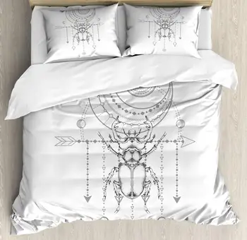 

Moon Rays Duvet Cover Set Geometric Stag Beetle and Crescent 3 Piece Bedding Set Charcoal Grey Pale Grey and White