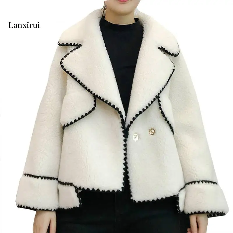 

Winter Elegant Lanxirui Fur Womens Lambs Coats Trench Black White Woman Warm Female Faux Suede Woolen Overcoat Coat Outerwear