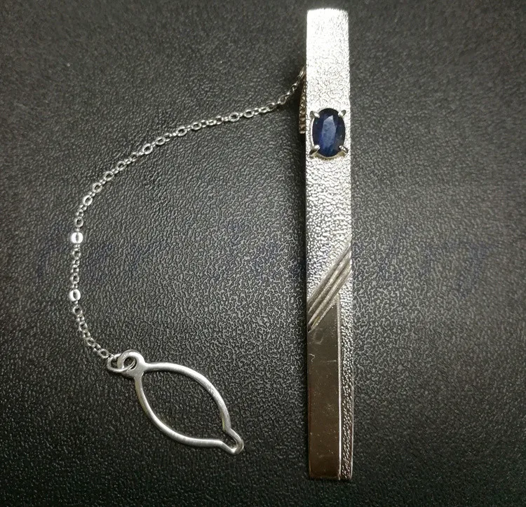 Men's tie clip Natural real sapphire Free shipping 925 sterling silver