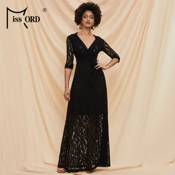 

Missord 2020 Spring Summer Sexy Deep V Neck See though Lace Women Maxi Dresses Solid Color Holiday Beach Dresses AM0080