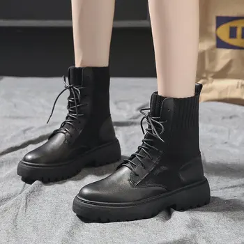 

Women Ankle Boots Platform Elastic Band Chunky Heel Shoes Female Slip On Short Boot Spring Mid Heels Shoe For Ladies dfv4