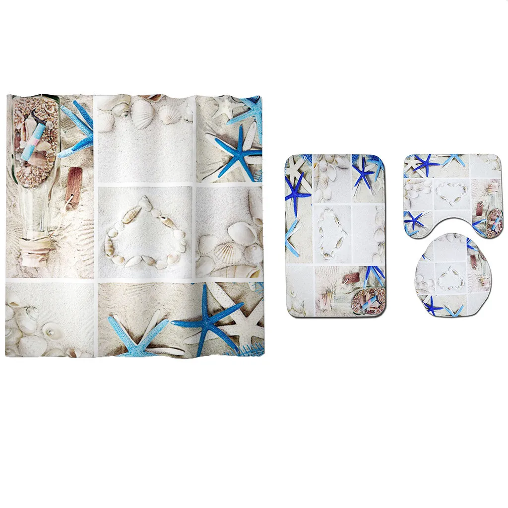 

4PCS Seaside Style Pattern Non Slip Toilet Soft Polyester Cover Mat Set Bath Rug Mat Set Bathroom Accessories Shower Curtain