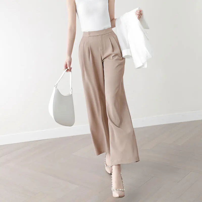 

2022 Spring Summer New Fashion Women High Waist White Wide Leg Pants All-matched Casual Solid Loose Pants Female Trousers V733