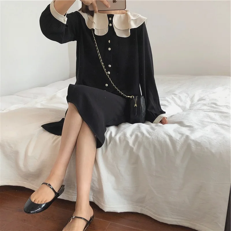 

Ruffled Collar Dress Women's New Style Korean-style Fashion Loose Versatile Contrast Color Elegant Slimming Long Sleeve A- line