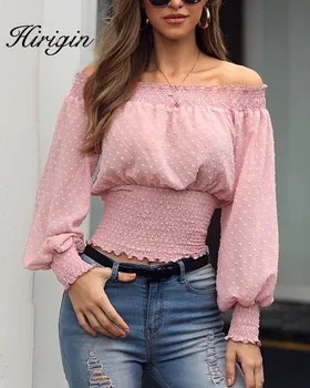 

2019 Autumn Chiffon White Blouse Shirt Off Shoulder Crop Top Long Sleeve Blouses Ruffles Solid Sexy Blusa Mujer
