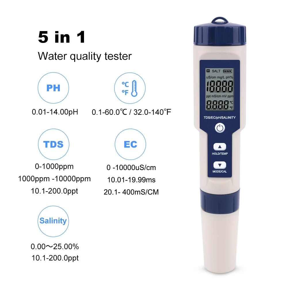 Yieryi 5 в 1 TDS/EC/PH/соленость/измеритель температуры цифровой контроль качества воды тестер для бассейнов, питьевой воды, аквариумов