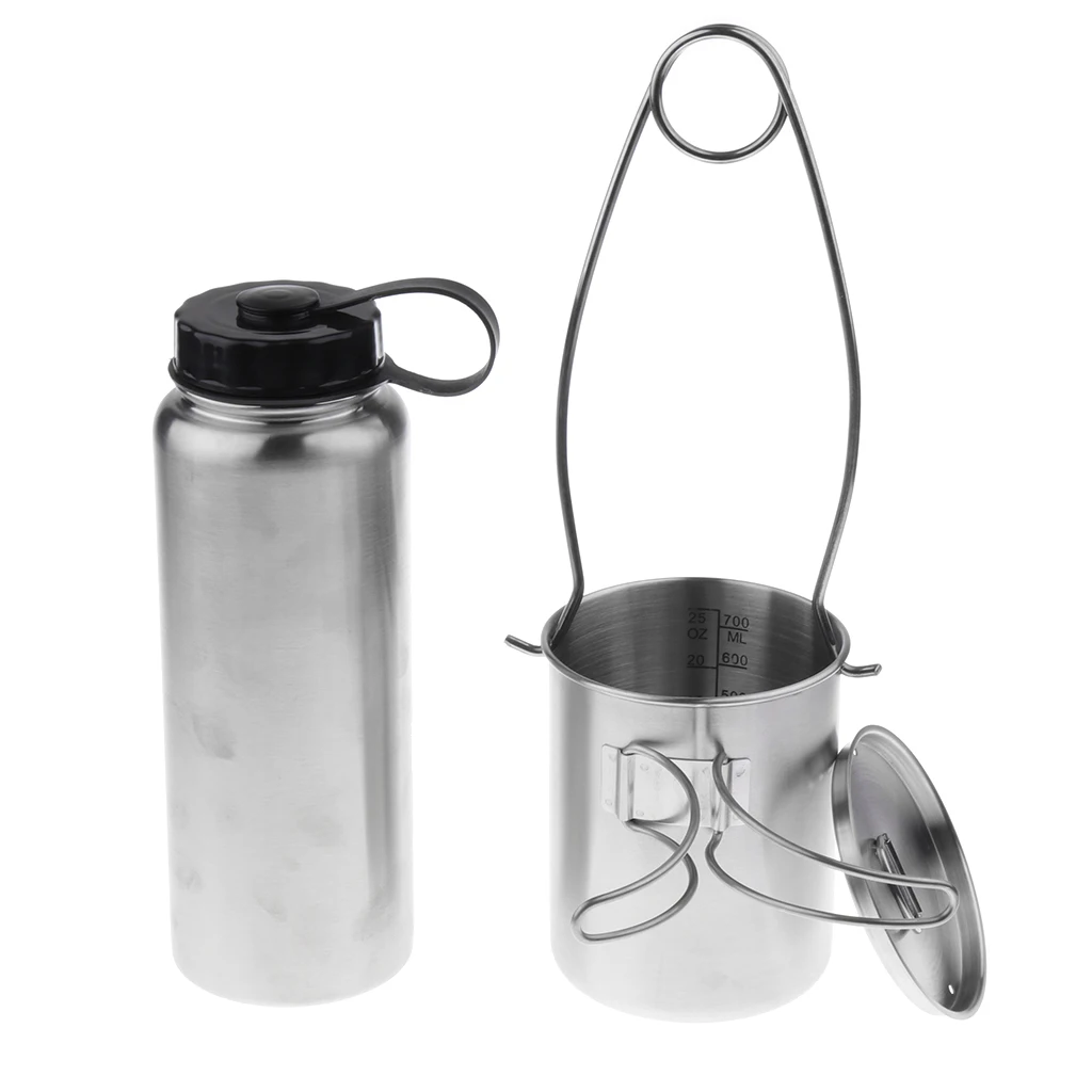 Stainless Steel Leak Proof 1L Water Bottle + 750ml Foldable Cup + Mouth Spreader Hanger + Storage Bag