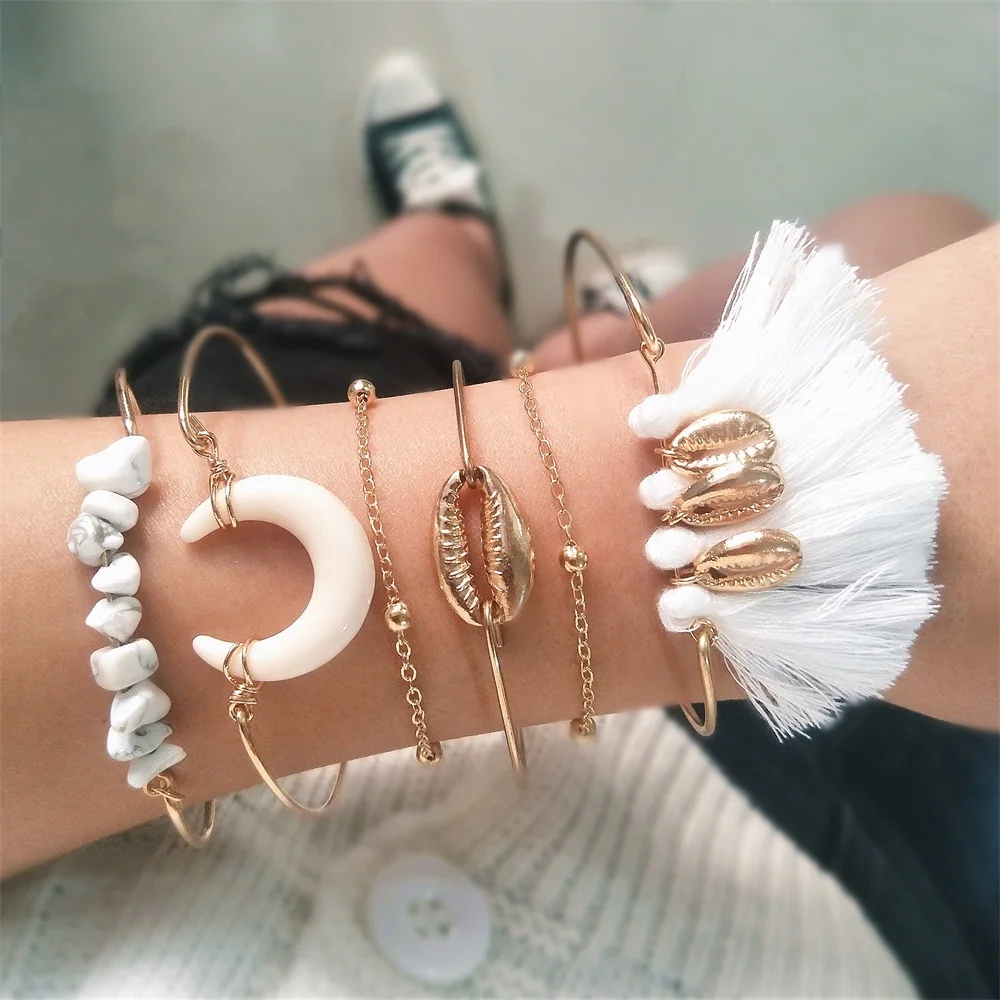 

6 Pcs/set Fashion Bracelets Irregular Gem Moon Gold Shell Tassel Bracelet Set Lady Charm Beach Jewelry Accessories Party Bangle