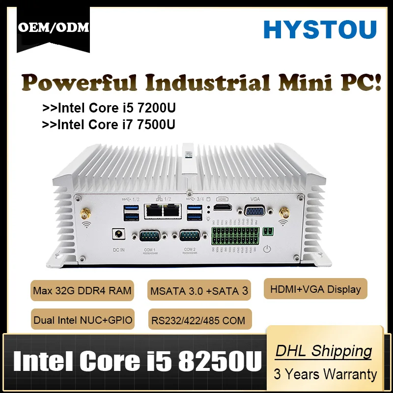Безвентиляторный Компьютер Intel Core i7 7500U RS232/485 COM промышленный мини ПК i5 8250U 7200U