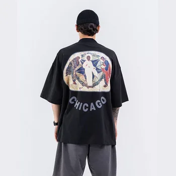 

New Male Streetwear Half Turtleneck Tees Shirts Men High Street Fashion Print Hip Hop Loose Short Sleeve T-shirt