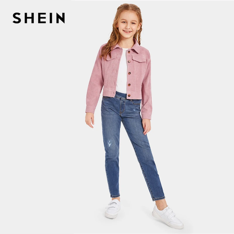 SHEIN Kiddie/Розовая однобортная куртка на пуговицах для девочек, пальто для подростков, коллекция года, осенние куртки с отложным воротником