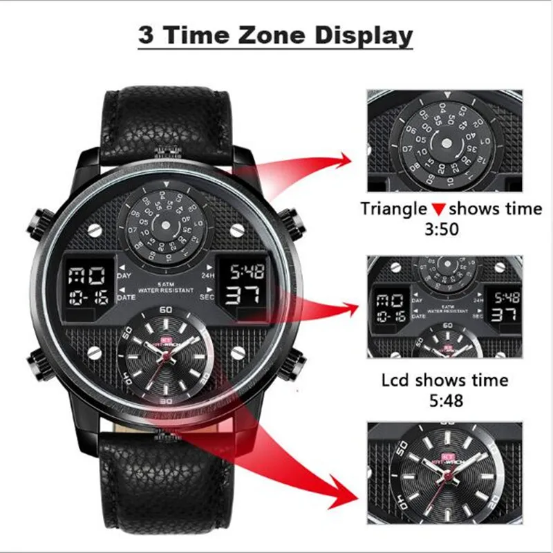 

Japan movement Large dial diameter 50mm LED Digital+ quartz Sport Luminous Chronograph man Military Dual Display Watch