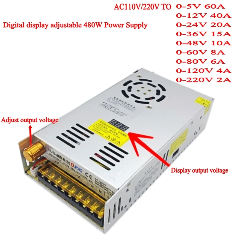Ac-dc преобразователь 110v 220v в DC 12V 24v 36v 48v 60v 80v 120v 480W цифровой дисплей Регулируемый импульсный источник питания
