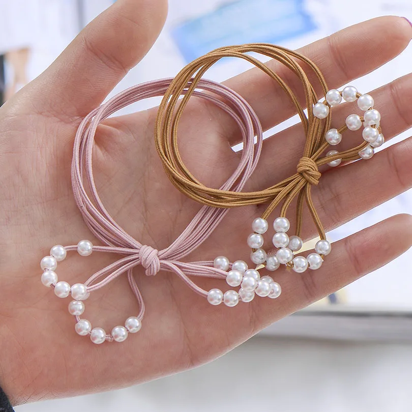 2Pcs/set Candy Color Bowknot Hairband For Women Elastic Hair Scrunchies Ponytail Holder Pearl Rubber Band Accessories |