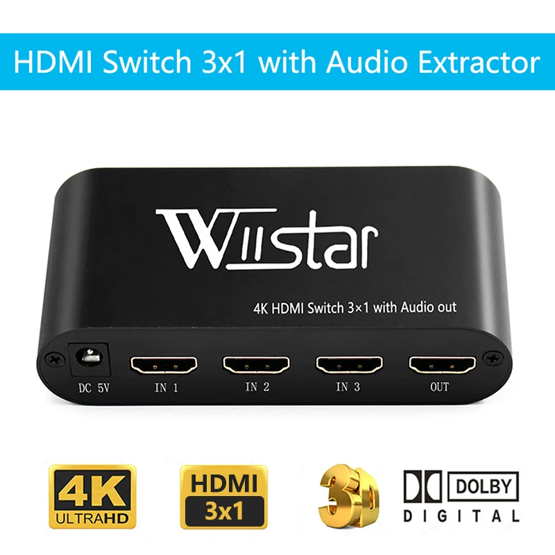 Wiistar HDMI коммутатор 4K 3 в 1 выход оптический 3,5 мм аудио выход Supprot AC3/DTS/Dolby декодер Hdmi аудио экстрактор