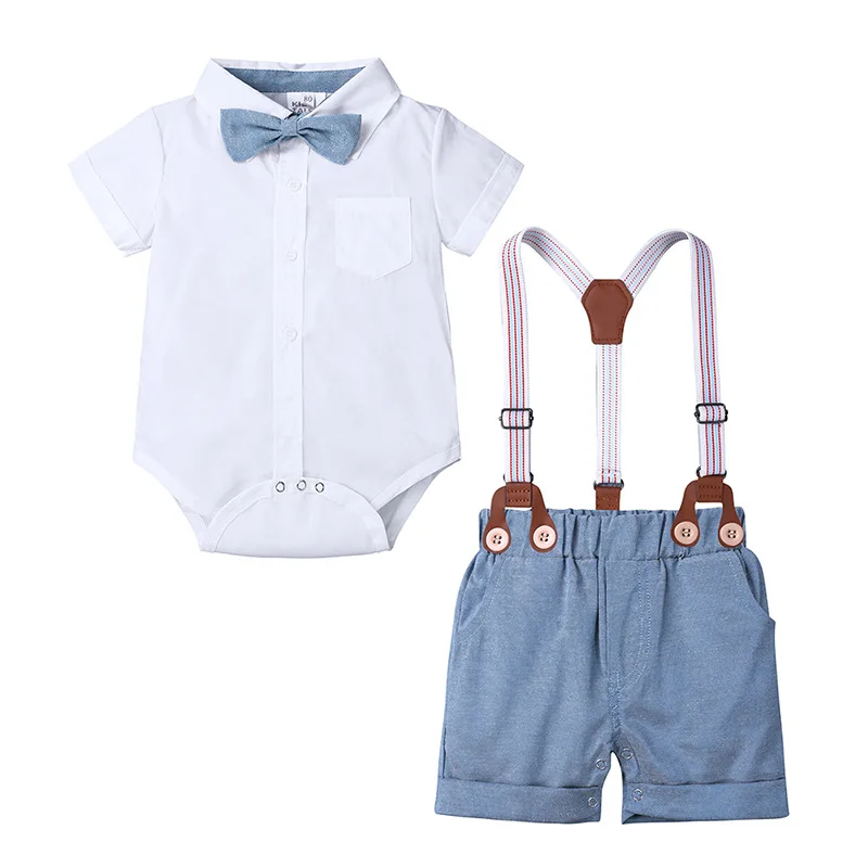 

Toddler Baby Boy Clothes Kids Jumpsuits Outifit Set Print Short Rompers+Short Solid Pants Gentelman Clothes Set