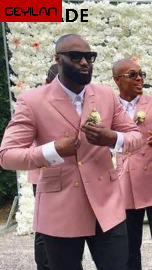 

Spring new double-breasted fashion design groom men's wedding dress custom suit 2 pieces black pants + pink blazer