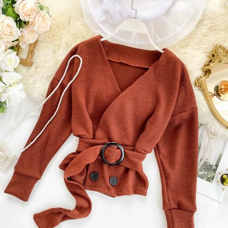 

Women Sweaters And Pullovers Female Sexy V Neck Sweater Tie Waist Knitted Tunics Knitwear Jumper
