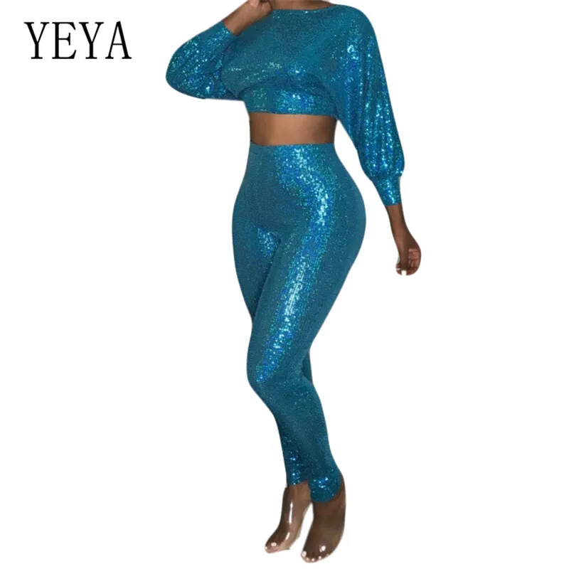 

YEYA Two Pieces Sets Sequins Jumpsuits Elegant Long Sleeve O Neck Skinny Sparkly Rompers Sexy Glitter Party Overalls Macacao