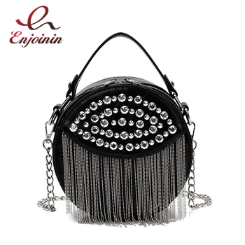 

Tassel Rivet Design PU Leather Small Round Bag ladies Messenger Bag 2020 Fashion Women Shoulder Bag Trend Women Handbag Purses