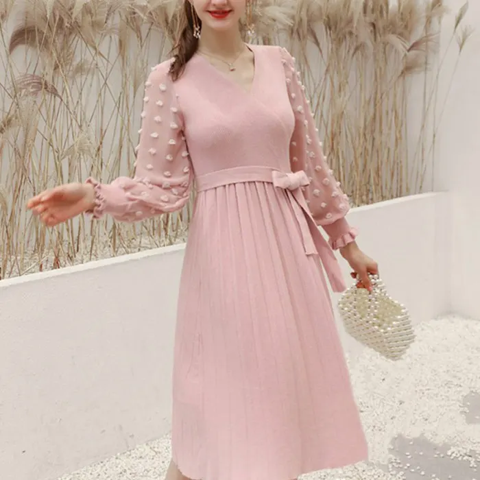 Модное женское шифоновое платье миди с длинным рукавом и глубоким v-образным вырезом, платья для осени и весны NGD88