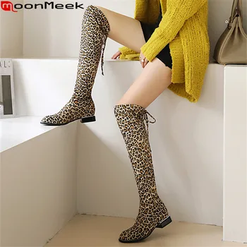 

MoonMeek 2020 Big size 33-43 over the knee boots low heel square toe simple ladies shoes fashion Leopard winter women boots