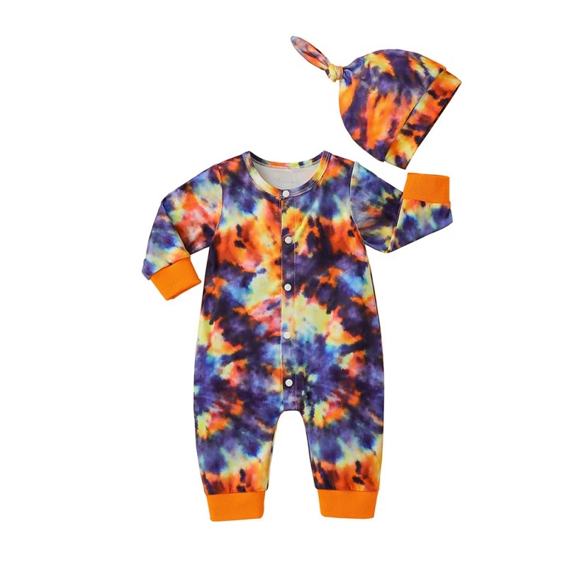 

Infant Tie Dye Printed Long Sleeve Romper Baby Boy Girl Long Sleeve Romper + Hat Set 2Pcs Sale Season
