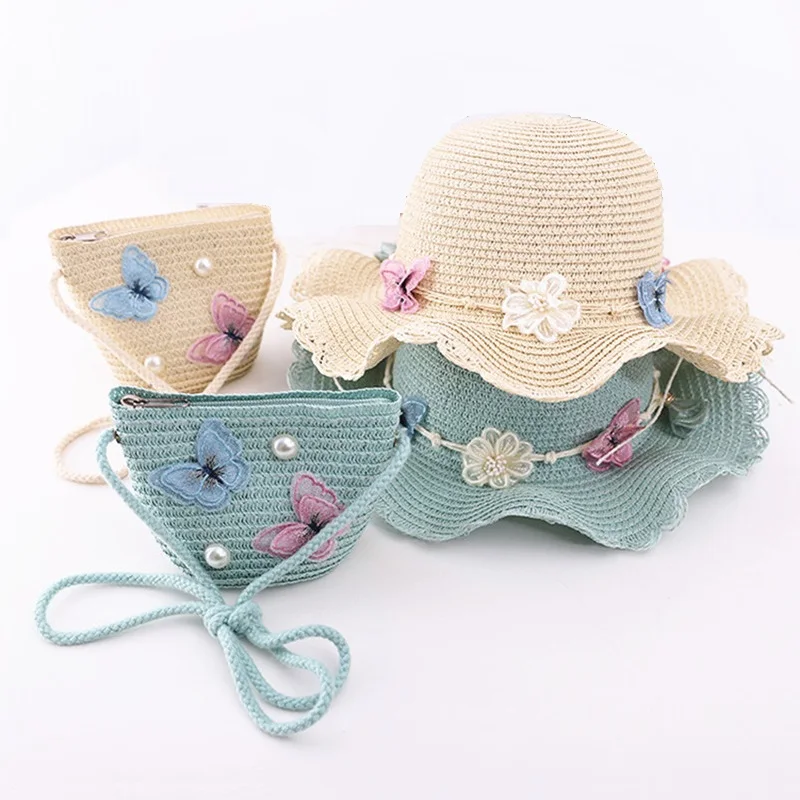 Sun hat sun protection hat Summer child casual butterfly straw hat handbags Sets Kid girls Outdoor holiday panama cap straw bags
