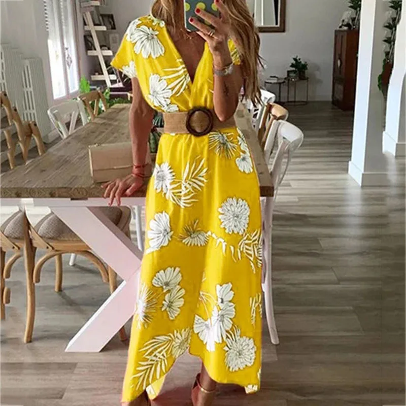 

New Print Floral Dress Women Fashion Sexy V-neck Women Long Dress 2020 Irregular Summer Beach Female Dress Without Belt CDR1756