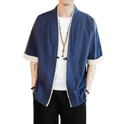 2019 мужская хлопковая льняная куртка китайский стиль Kongfu Пальто мужское свободное кимоно кардиган пальто открытая стежка пальто Мужская s