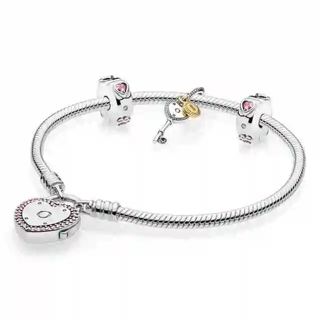 

SIENTO 100% 925 Silver 1:1 Genuine Charm Pink Key Heart Valentine Bracelet Set Free Shipping