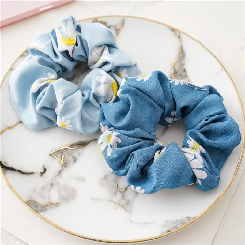 Printed Floral Scrunchies Daisy Women Hair Ties Cowboy Elastic Hairband Woman Accessories Girls Ponytail Holders |
