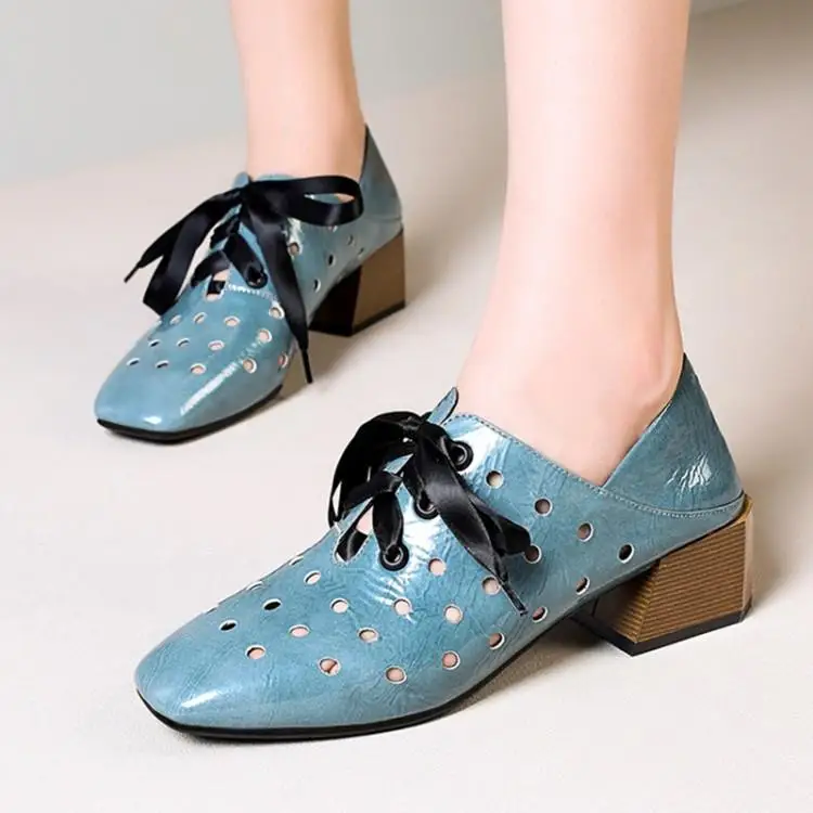 

Single-shoe women's summer casual rough and deep-mouth lace square head, with women's toe layer cowhide 4.5 cm