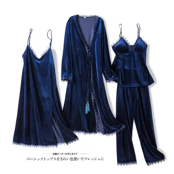 HaloSweet Winter Women's Pajamas Suit Sexy Velet Long Robe Suit Four Piece Bathrobe Sleepwear Female Nightgown Lounge Set Pants - Цвет: Blue
