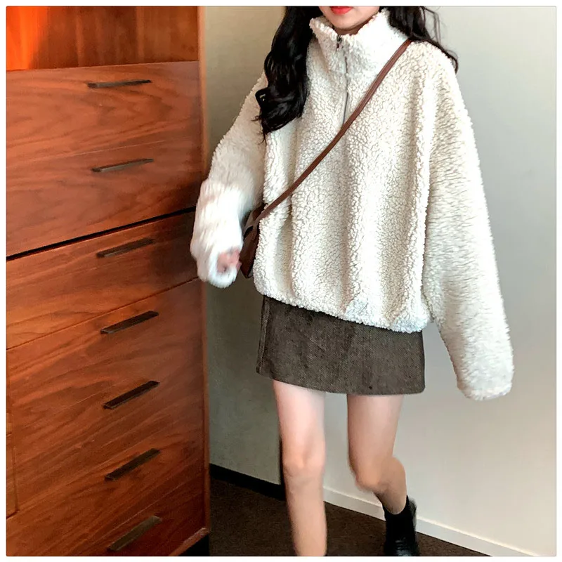 Женский осенне-зимний Модный женский свитер с имитацией овечьей шерсти, корейский Свободный Топ на молнии с длинными рукавами ML241