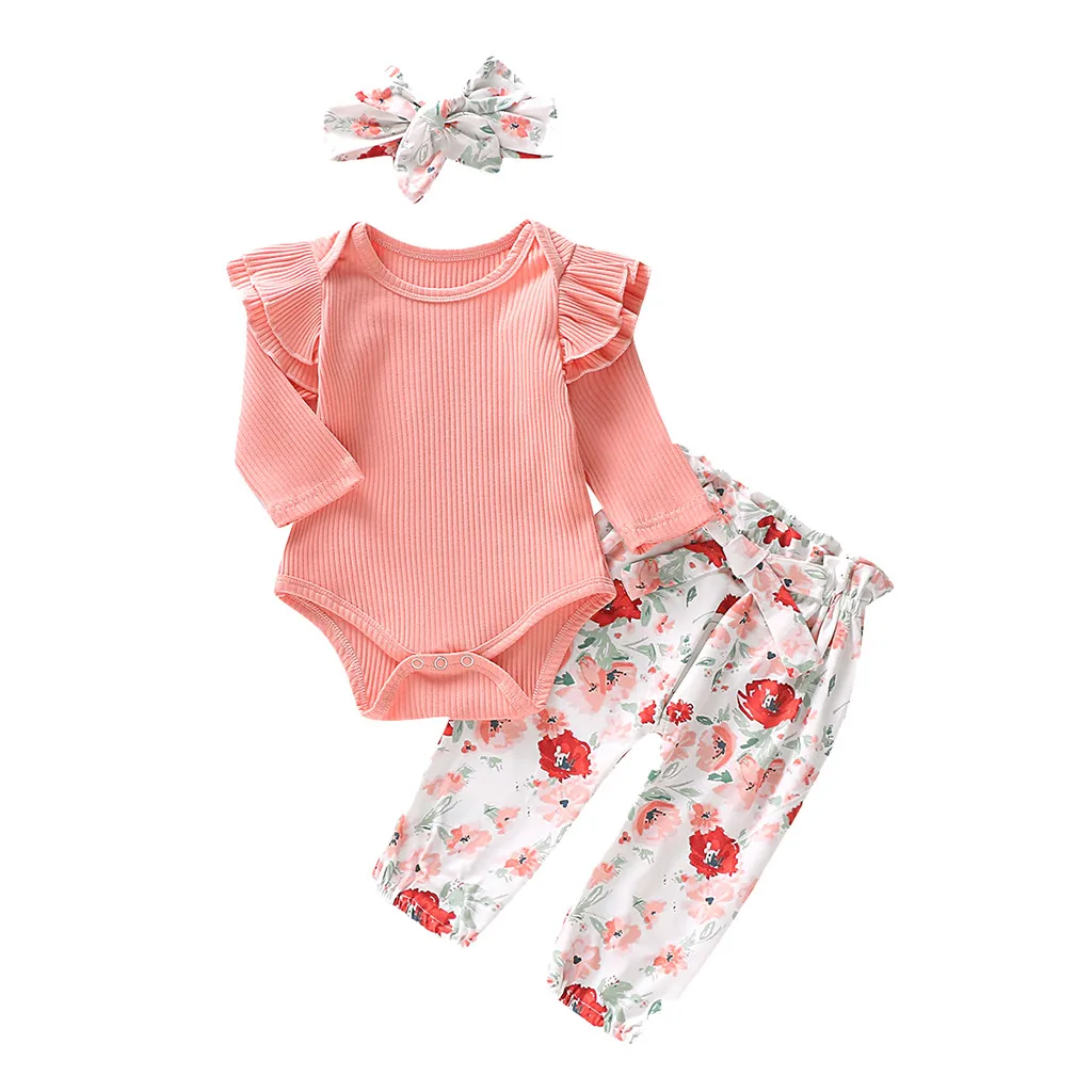 

Infant Baby Girl Romper Clothes Newborn Fall Autumn Spring Ruffles Solid Bodysuit+Floral Pants+Headband Baby Girl Outfit HOOLER
