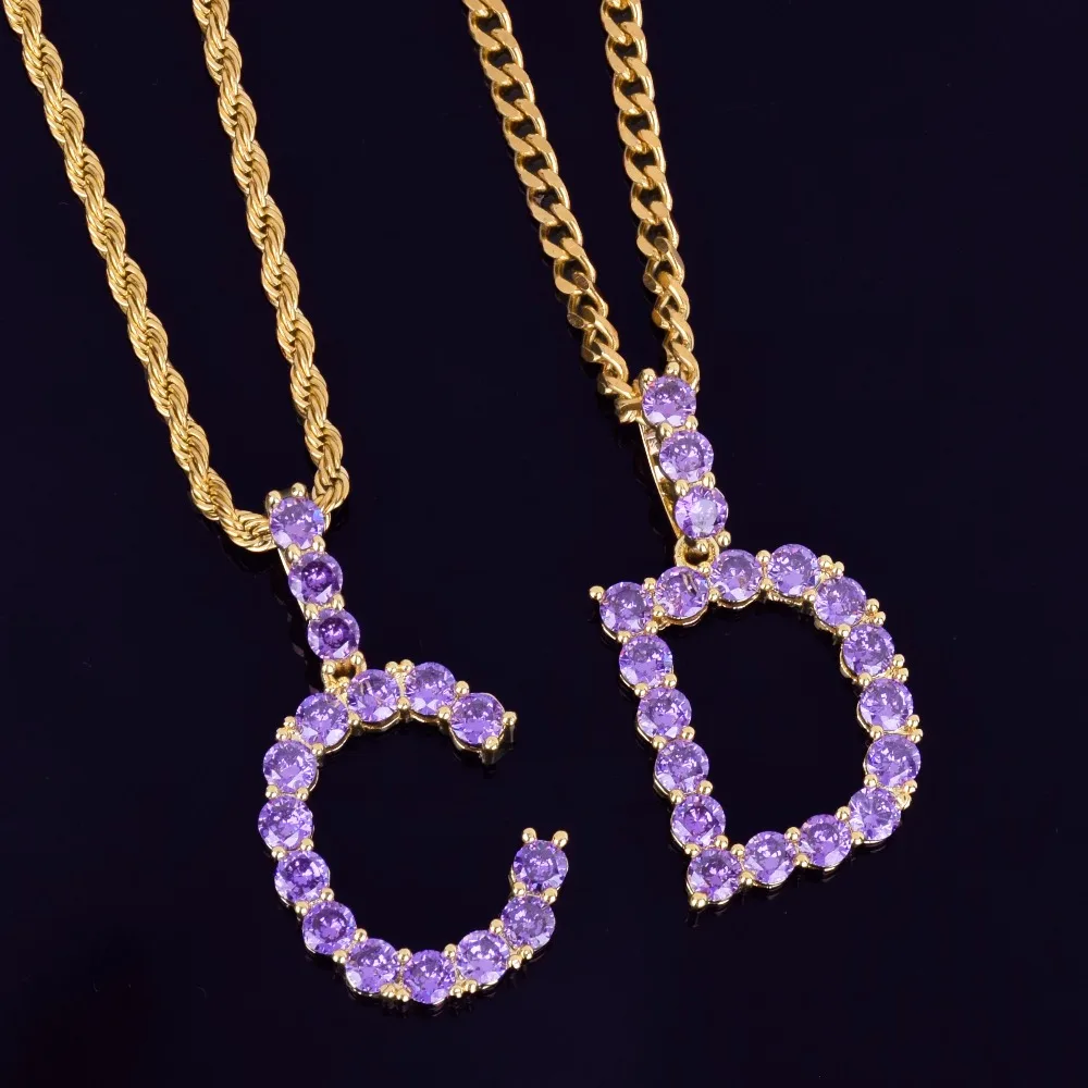 Bling Purple Zircon Tennis Letters Pendant Necklaces For Men/Women Gold Silver Fashiom Hip Hop Jewelry with Rope chain