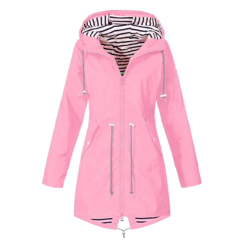 New Clothing Women Spring Womens Long Jacket With Hat Warm Coat Solid Rain Jacket Outdoor Jackets Raincoat Windproof#620 - Цвет: Розовый