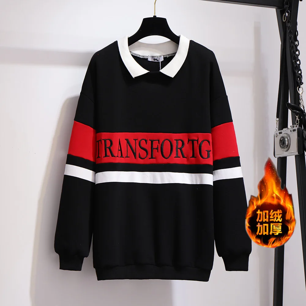 Черный autumn winter plus size pullover for women large long sleeve loose casual wool velvet thick stripe coat red 4XL 5XL 6XL 7XL - Цвет: Черный