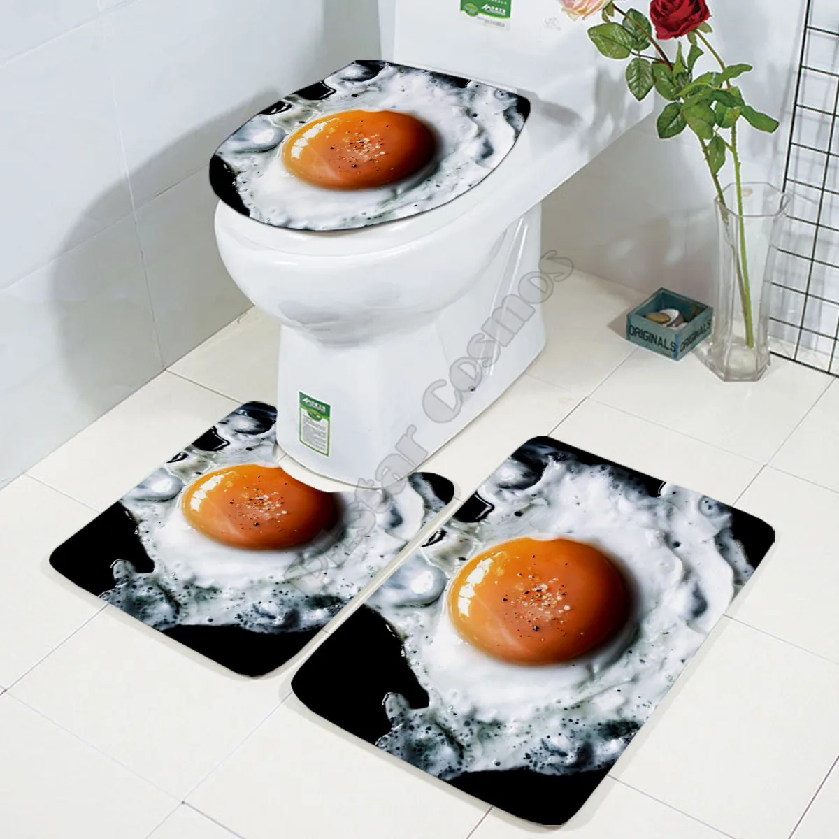 Delicious Food Eggs Three-piece set 3D printed Bathroom Pedestal Rug Lid Toilet Cover Bath Mat Set drop shipping 01 | Дом и сад