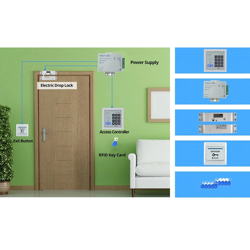 RFID Keypad Door Access Control System Kit Electric Magnetic Electronic Door Lock Power Supply 5Pcs Key Fobs Full Set Door Secur