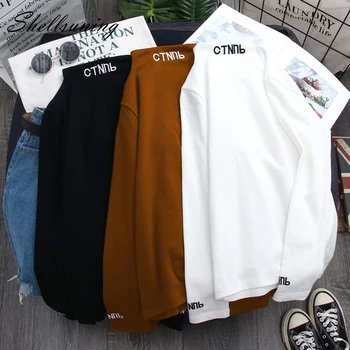 

Shellsuning Jumper Female T Shirt Women Basic Spring Autumn Letter Embroidery Half Turtleneck Full Sleeves Harajuku Solid Tops