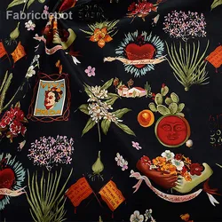 Elegant European Retro Stretch Cotton Satin Fabric - Digital Print for Sewing and Handmade Creations (Black 2)