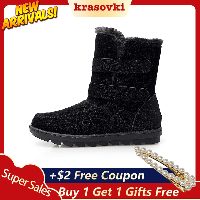 

Krasovki Snow Boots Round Toe Flat Bottom Dropshipping Plush Fashion Flat Bottom Fur Hook Loop Breathable Causal Ankle Boots