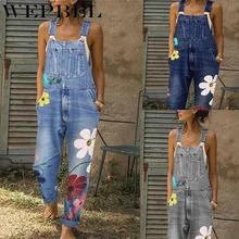 WEPBEL Women Overalls Casual Floral Denim Pants Autumn Washed Fashion Long Ladies Girl Pants Trousers