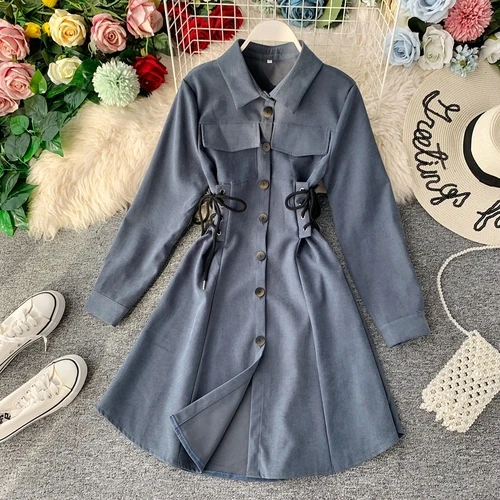 light blue Neploe осенне-зимнее темпераментное Повседневное платье с отложным воротником приталенные вечерние платья трапециевидной формы со шнуровкой на пуговицах, Vestido Ropa 46830 - Цвет: light blue